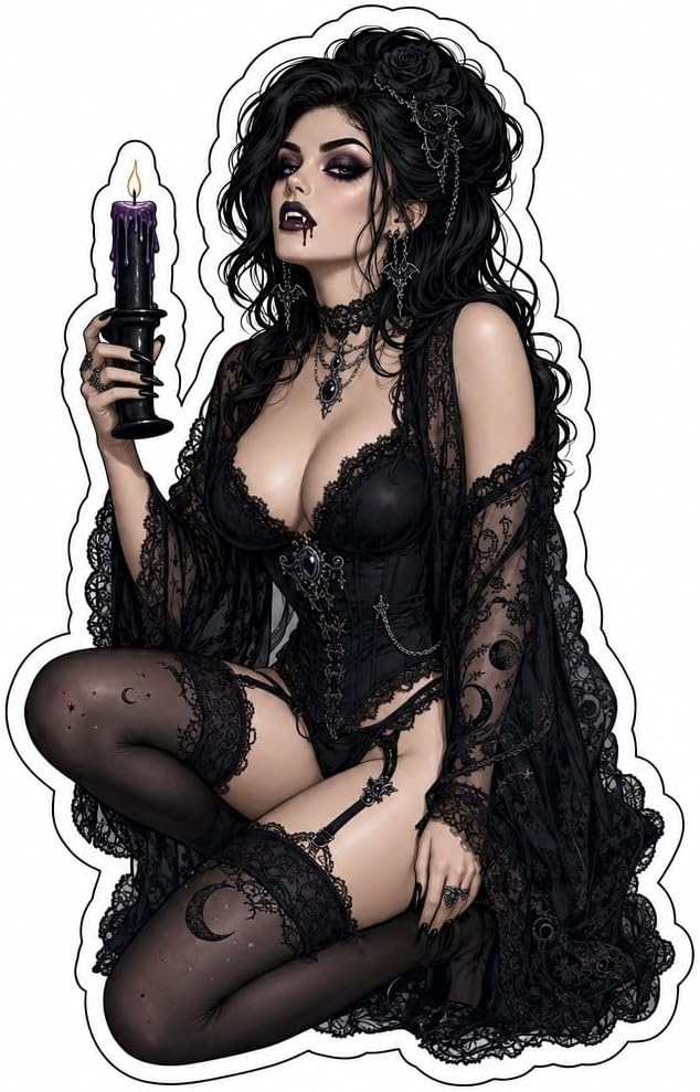 (3 Pack) Goth Pinup Girl Holding Black Candle Purple Wax Art Sticker (3.5" x 3.5") - skull sticker