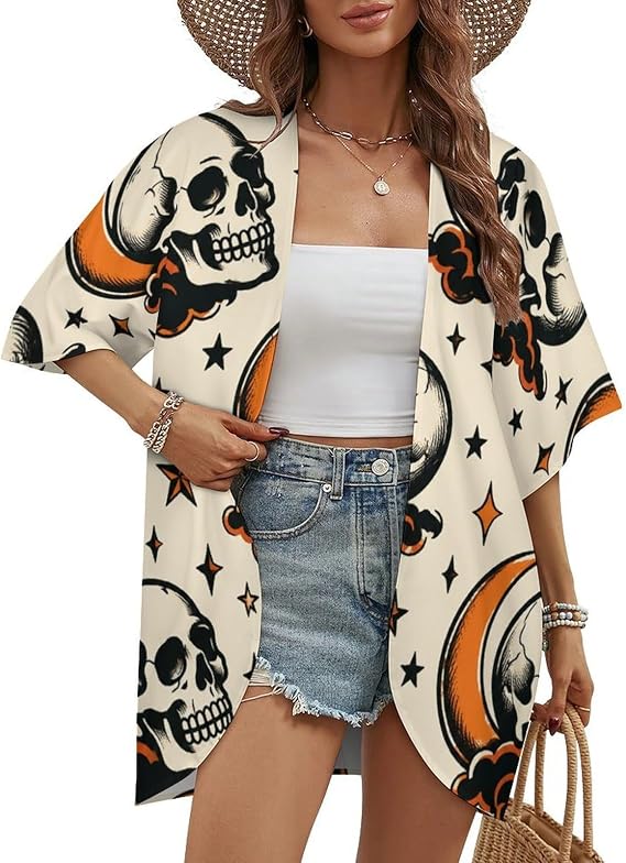 Traditional Tattoo Skulls Women Open Front Cardigan Five Point Sleeve Loose Casual Lightweight Summer Cover Up - skull jacket