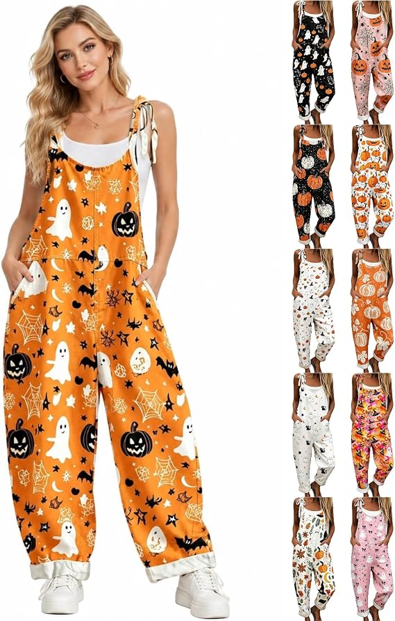 Halloween Overalls for Women Cute Pumpkin Ghost Print Plus Size Jumpsuits Fall Wide Leg Pants with Pocket - skull tank tops