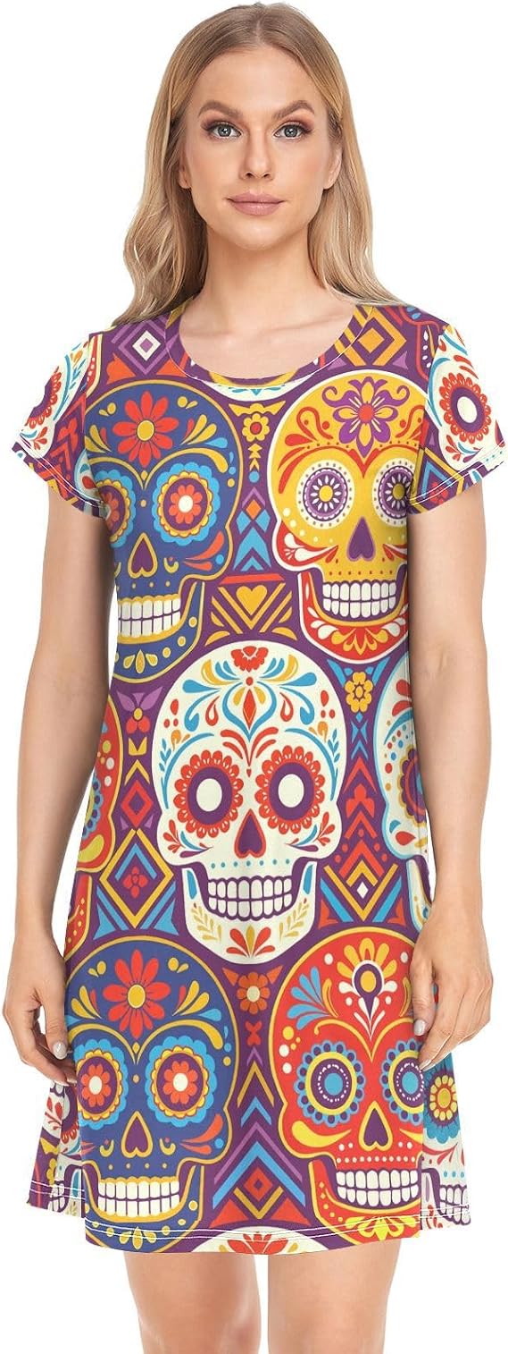 Nightgowns for Women Short Sleeve Sleep Shirts - skull tshirt