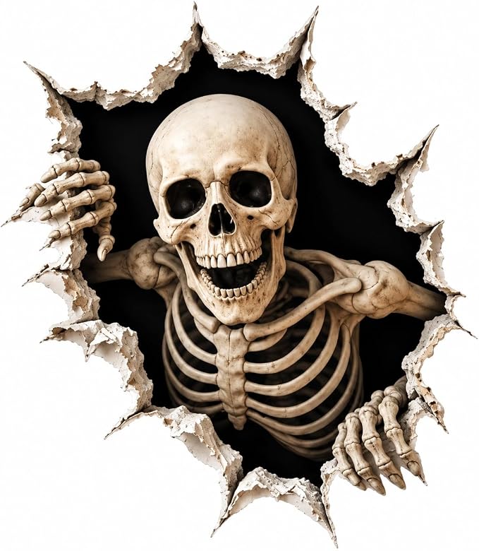 Halloween Skeleton Wall Sticker 3D Broken Wall Decal Scary Skull Peeking Through Wall Removable Self Adhesive Decoration for Living Room Bedroom Door Home Party Haunted House Decor 1 Sheet - skull sticker