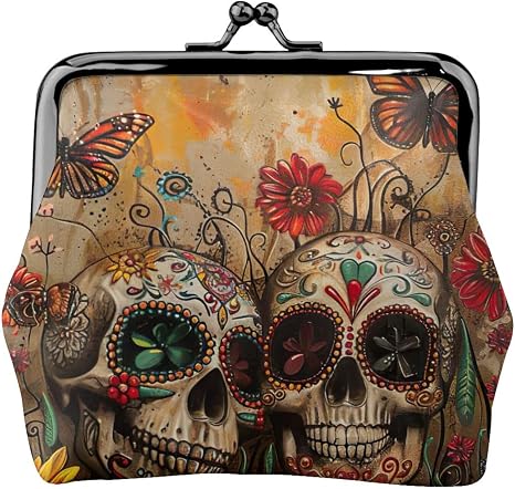 Microfiber Leather Kiss Lock sugar skulls butterfly Print Coin Purse, Designed for Lady for Coins,Keys - sugar skull handbags for sale