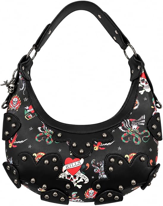 ED HARDY Women’s Studded Tattoo Hobo Shoulder Bag – Rocker Style, Zip Closure - sugar skull handbags for sale