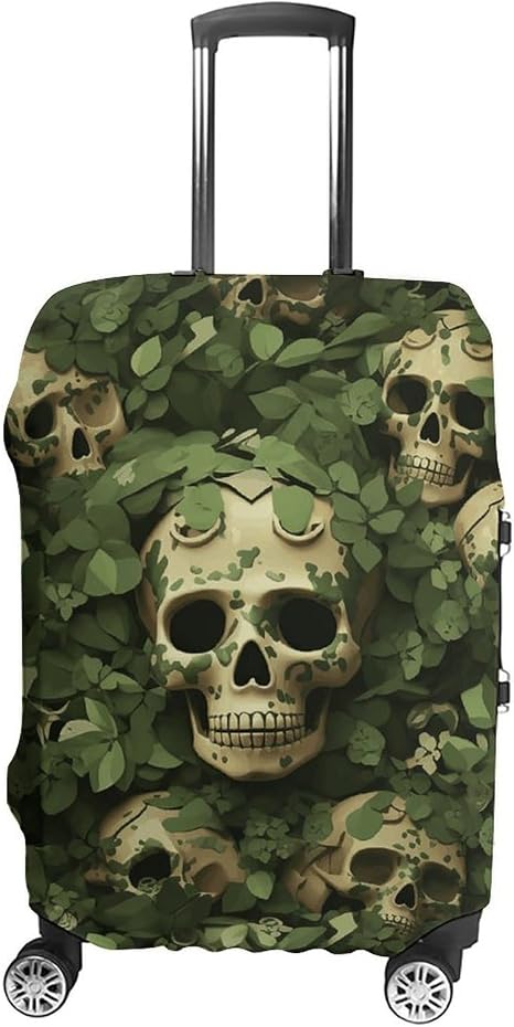 Green Background Skull And Leaves Luggage Covers, Washable Travel Suitcase Covers - skull suitcase