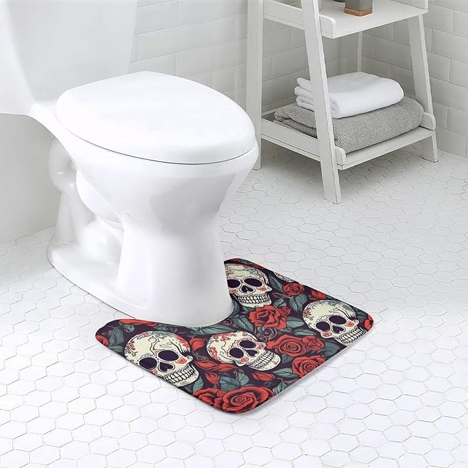 Sugar Skulls and Red Roses Toilet Rug U Shaped Non Slip Bathroom Mat