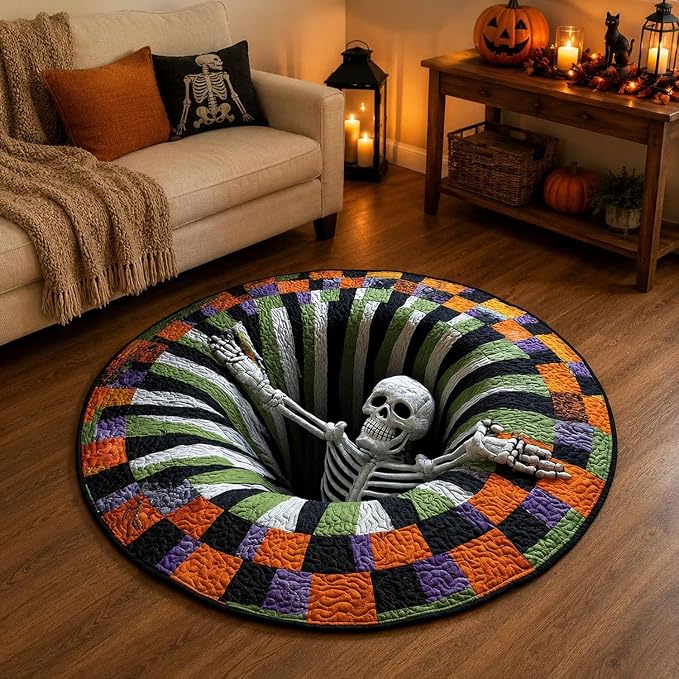 3D Skeleton Vortex Quilted Round Halloween Rug, Optical Illusion Halloween Rugs, Skeleton Vortex Rug, 32 * 32in AHalloween Rugs Indoor, Soft & Durable Fabric Non-Slip Modern Home Decor - skull carpet