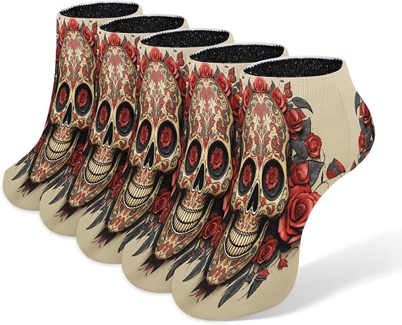 No Show Ankle Socks, Athletic Running 5 Pairs, Red Rose Sugar Skull - sugar skull costume