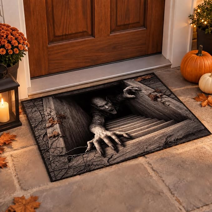 3D Illusion Skull Pit Mat, Spooky Optical Skeleton Rug, 3D Halloween Rugs - skull carpet