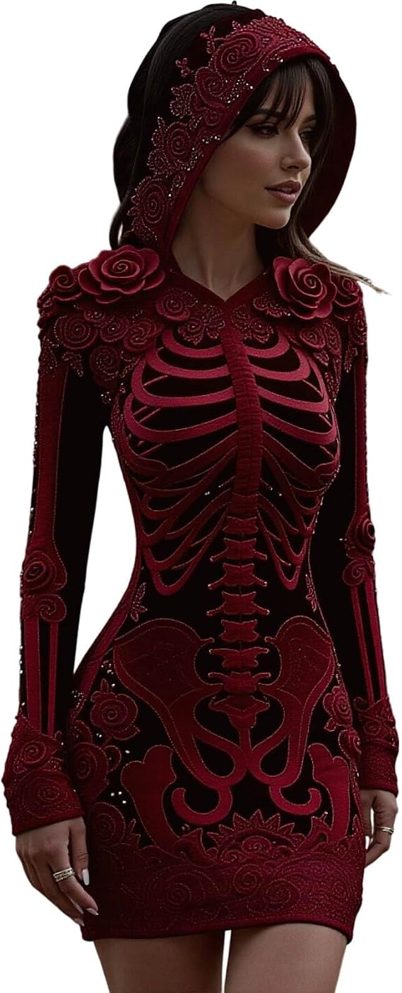 Women Skeleton Dress Skull Rose Print Long Sleeve Hooded Gothic Maxi Dresses Halloween Cosplay Costumes 2026 - sugar skull dress