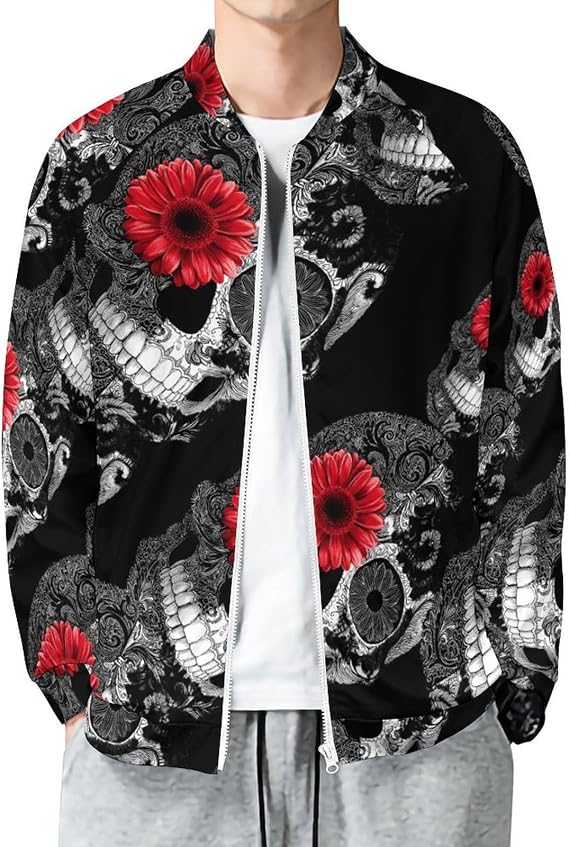 Floral Sugar Skull Men Shirt Full Zip Top Baseball Bomber Jacket 5XL - skull sweatshirts