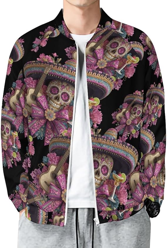 Sugar Skull with Sombrero Men Shirt Full Zip Top Baseball Bomber Jacket 5XL - skull hoodie