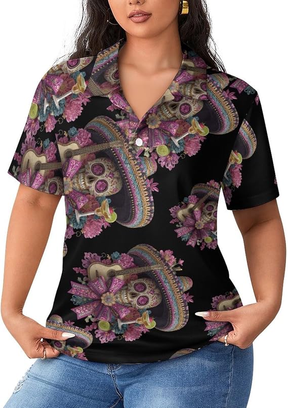 Sugar Skull with Sombrero Womens Shirts Short Sleeve Polo Shirt Casual Tennis Top 5XL - skull leggings