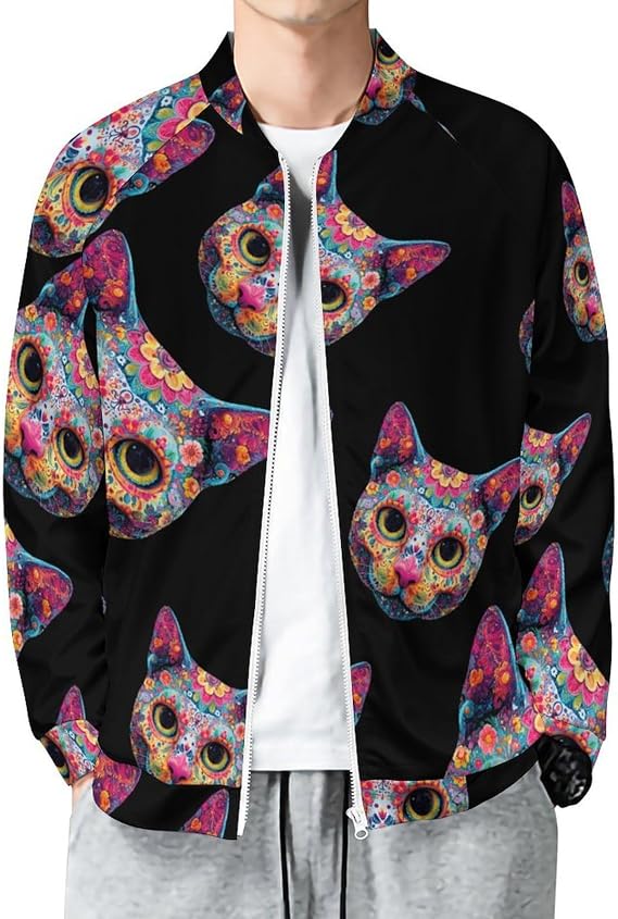 Sugar Skull Cat Face Men Shirt Full Zip Top Baseball Bomber Jacket 5XL - skull sweatshirts