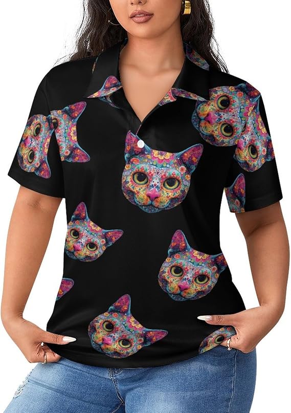 Sugar Skull Cat Face Womens Shirts Short Sleeve Polo Shirt Casual Tennis Top 5XL - skull tshirt