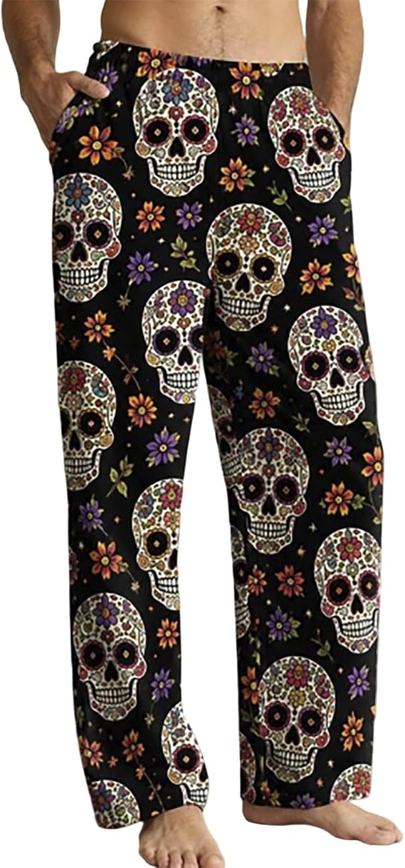 Halloween Pajama Pants for Men Women Unisex Black Cat Ghost Pumpkin Lounge - skull pajamas