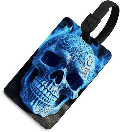 3D Print Blue Skull Luggage Tag with Secure Strap & Name Card - skull suitcase