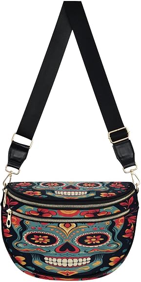 ALAZA Sugar Skull Flower on Black Crossbody Bag Bum Bag for Women