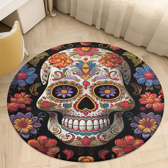 Sugar Skulls Round Area Rug Non Slip Mat for Bedroom 60 * 60cm - skull floor mat