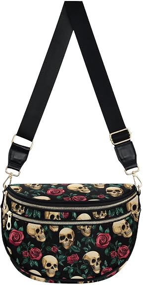 ALAZA Black Skull Red Rose Hat Pattern Crossbody Bag Bum Bag for Women - skull suitcase