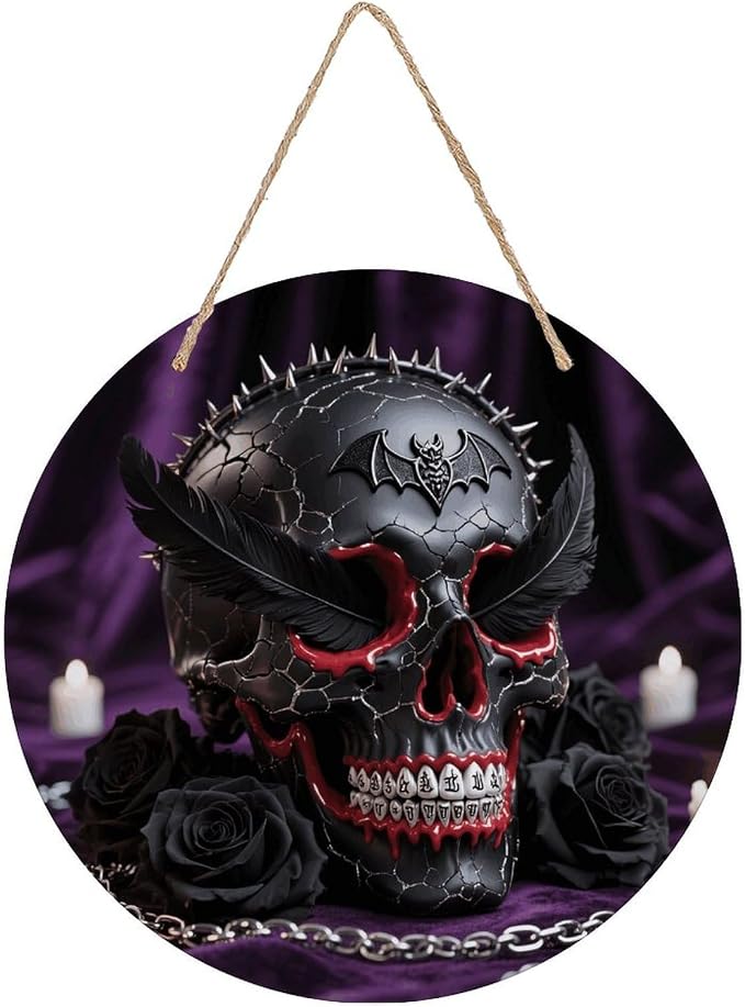 KEIGPERI Sugar Skulls Wooden Welcome Sign with Rope, Home Decoration - skull wreath
