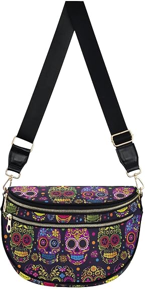 ALAZA Colorful Sugar Skull Seamless on Black Crossbody Bag Bum Bag for Women