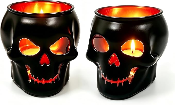 Halloween Table Decor Set of 2, Lack Glass Skull Tealight Candle Holders