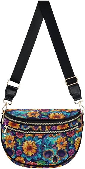 ALAZA Colorful Sugar Skull Floral Seamless Crossbody Bag Bum Bag for Women