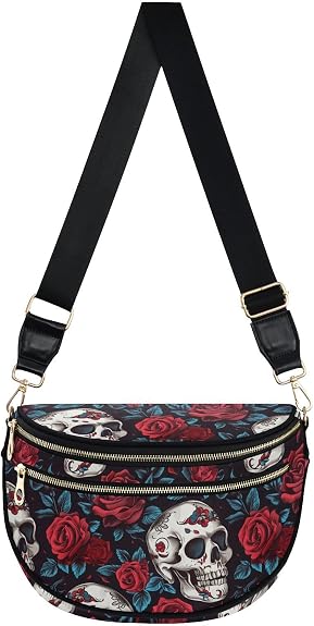 ALAZA Day Of The Dead Skull Rose Seamless Crossbody Bag Bum Bag for Women - sugar skull handbags for sale