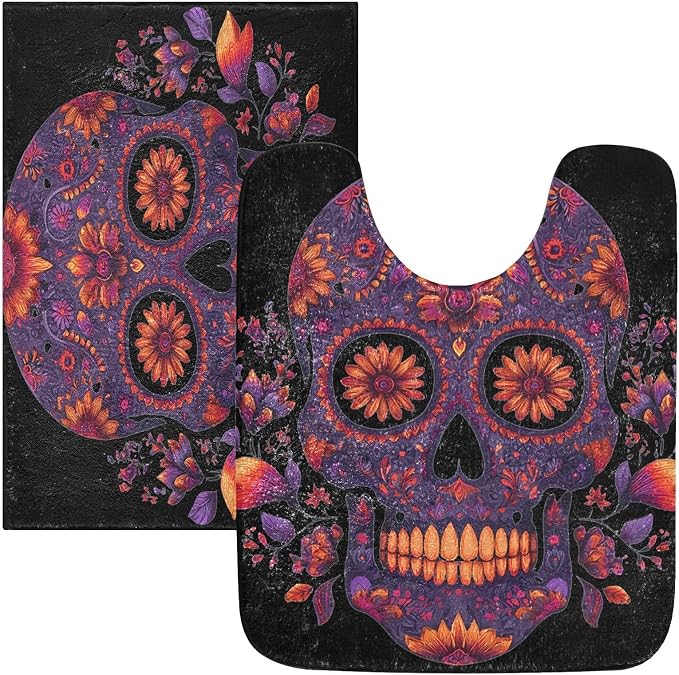 ALAZA Day of The Dead Skull Flower Bathroom Rugs Set 2 Piece - skull toilet mat