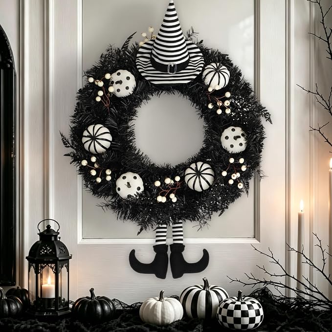 Yangrass 22" Spooky Halloween Wreath for Front Door with Witch Hat & Legs - skull wreath