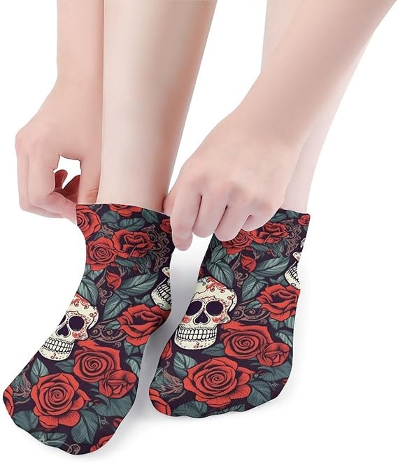 5 Pairs Sugar Skulls And Red Roses Ankle Socks Breathable Low Cut Socks - sugar skull costume