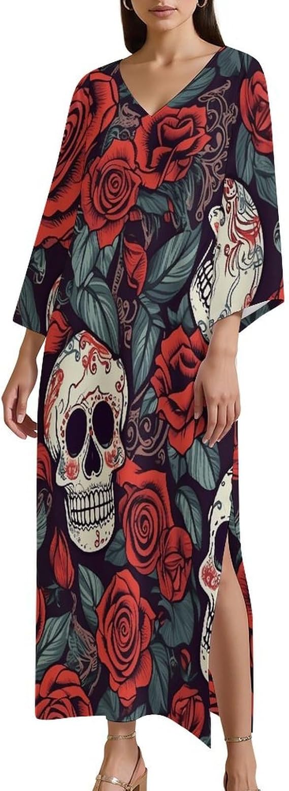Sugar Skulls and Red Roses Women Long Dress Casual Loose Sundress - sugar skull dress