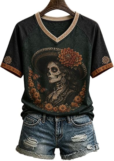 Women's Sugar Skull V-Neck T-Shirt, Floral Day of The Dead Graphic Tee 2 - skull tshirt