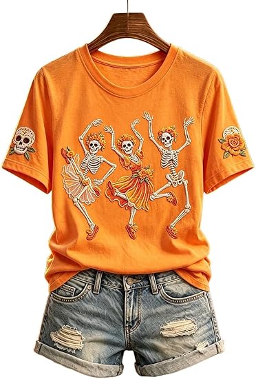 Women's Sugar Skull T-Shirt, Day of The Dead Short Sleeve Graphic Tee 2 - skull tshirt