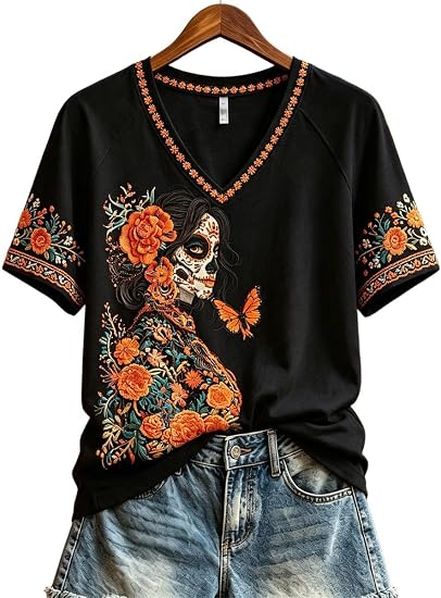 Women's Sugar Skull V-Neck T-Shirt, Floral Day of The Dead Graphic Tee 3 - skull tshirt