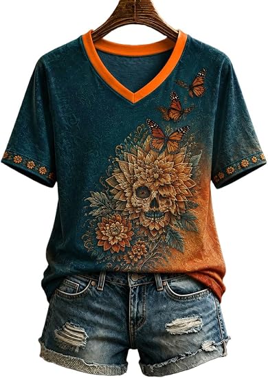 Women's Sugar Skull V-Neck T-Shirt, Floral Day of The Dead Graphic Tee 1 - sugar skull costume