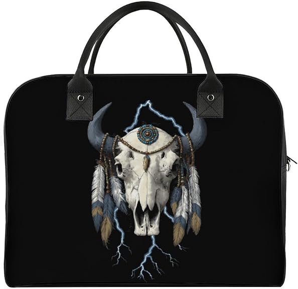 Vintage 90s Thunder Native Indian Bison Skull Travel Handbag Tote Bag Large Duffel Weekender for Women Men - skull suitcase