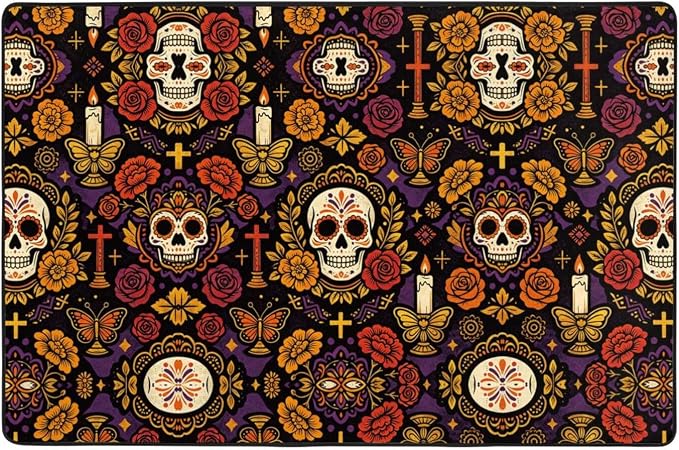 Day of The Dead Skull Washable Area Rug 36×24 & 72×48 Non-Slip Carpet Bedroom
