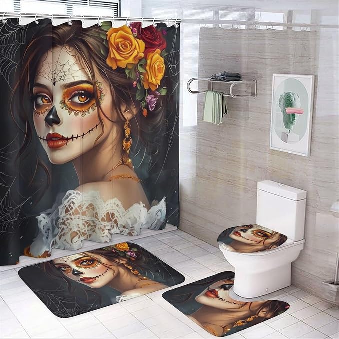 Mexican Day of The Dead Floral Skull Shower Curtain Set Curtains and Rugs and Toilet Seat Cover Home Bath Decor - skull toilet paper