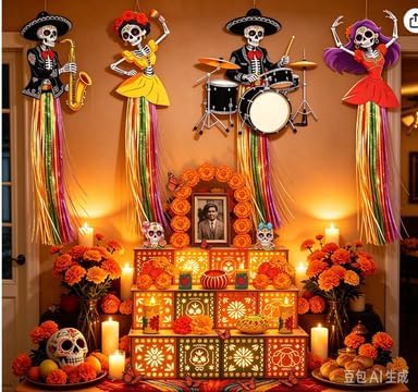 LED Día de los Muertos Altar Kit & 8 Pcs Sugar Skull Hanging Decorations - string light