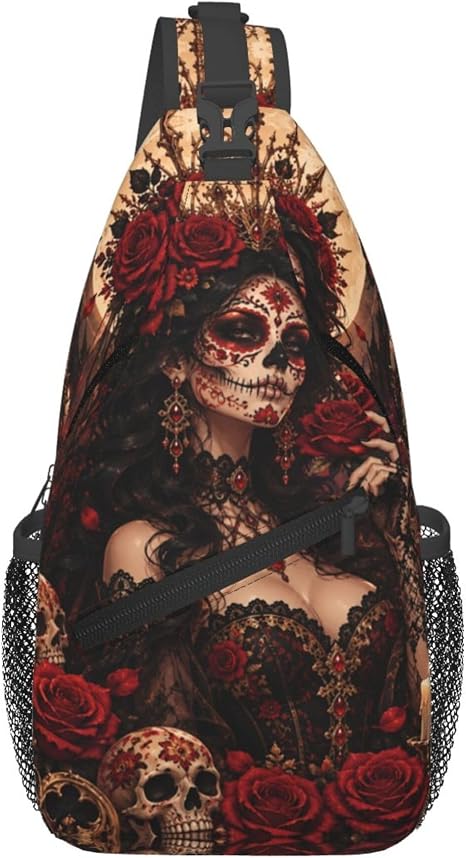 Sugar Skull Flower Sling Bag, Day of the Dead Shoulder Backpack Unisex Travel Chest Pack for Hiking Cycling Daypack - skull backpack