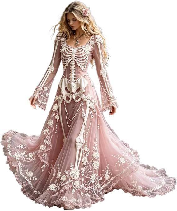 Women Gothic Skeleton Rose Long Dress - skeleton