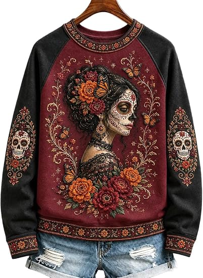 Sugar Skull Sweatshirt for Men Women, Day Of The Dead Crewneck Pullover 1 - skull sweatshirts