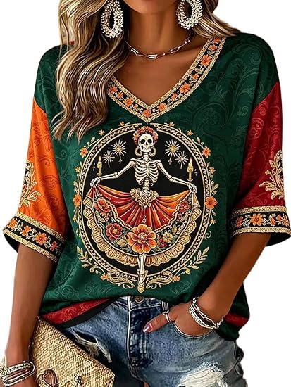 Women's Sugar Skull V-Neck Shirt, Day of The Dead Elbow Sleeve Blouse 1 - skull tshirt
