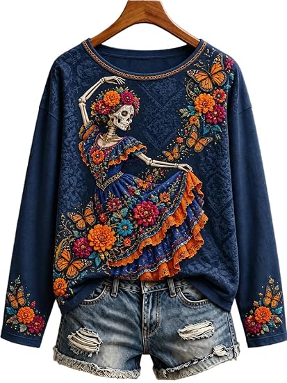 Women's Sugar Skull Long Sleeve T-Shirt, Day of The Dead Graphic Tee 1 - sugar skull costume