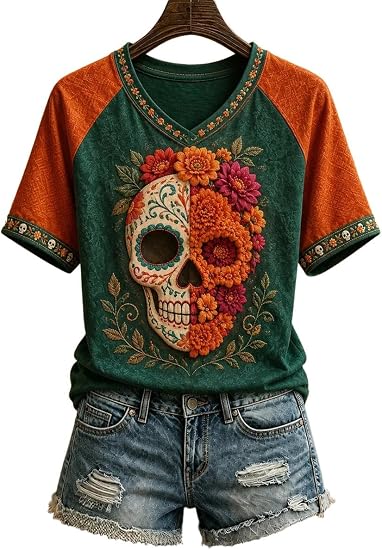 Women's Sugar Skull V-Neck T-Shirt, Floral Day of The Dead Graphic Tee 1 - skull tshirt