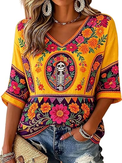 Women's Sugar Skull V-Neck Shirt, Day of The Dead Elbow Sleeve Blouse - skull tshirt