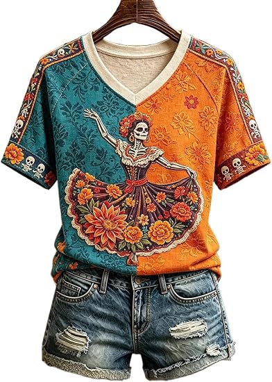 Women's Sugar Skull V-Neck T-Shirt, Floral Day of The Dead Graphic Tee 2 - skull tshirt
