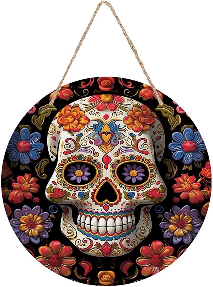 KEIGPERI Sugar Skulls Wooden Welcome Sign with Rope, Home Decoration - skull wreath