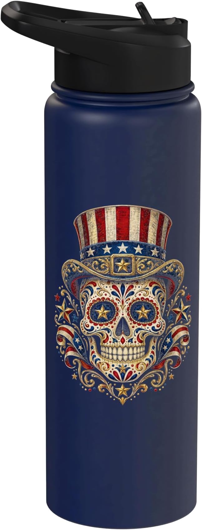 De Los Muertos Day of the Dead American Flag Sugar Skull Stainless Steel Insulated Water Bottle - sugar skull boots